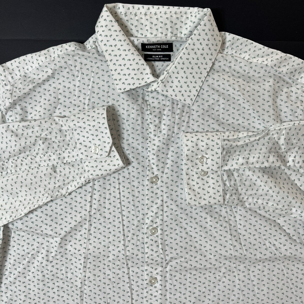 Kenneth Cole Men's Slim Fit White Geometric Button Up Shirt XL 17 1/2 34/35